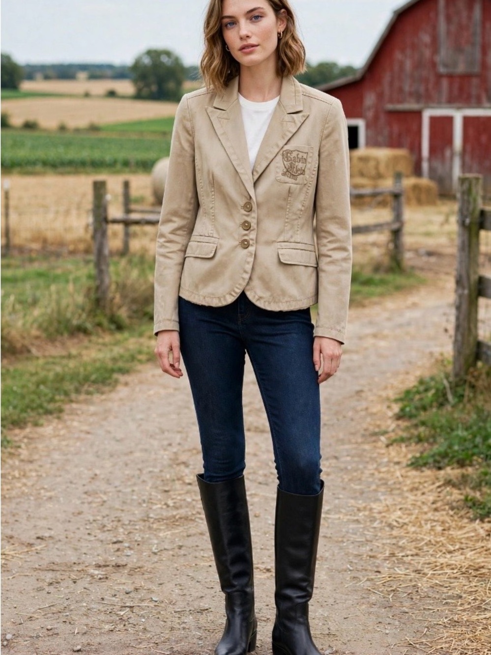 Calvin Klein Jeans Tan Khaki embroidered Blazer - Size M